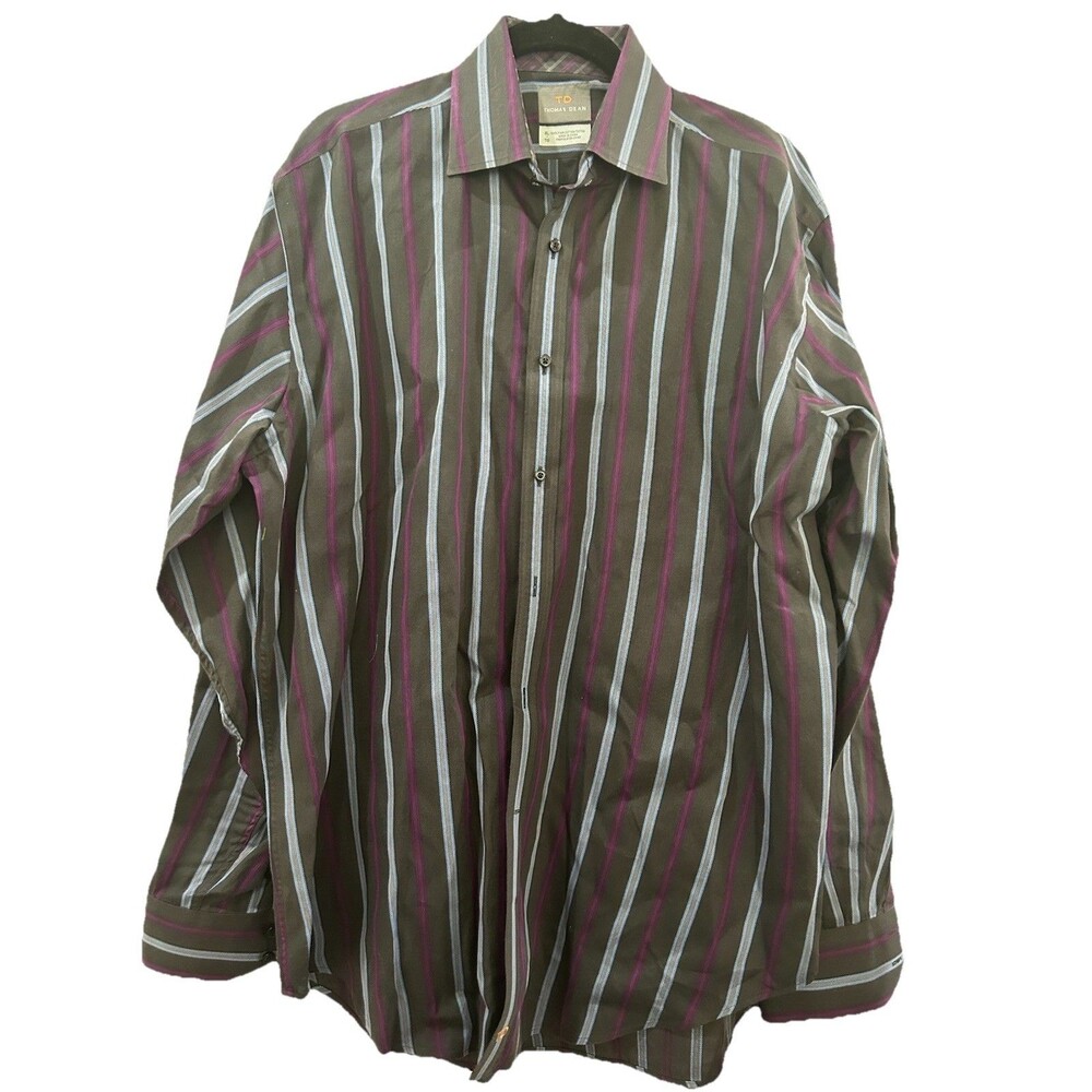Thomas Dean Mens Size XL Tall Shirt Striped 100% Cotton Long Sleeve Button Down